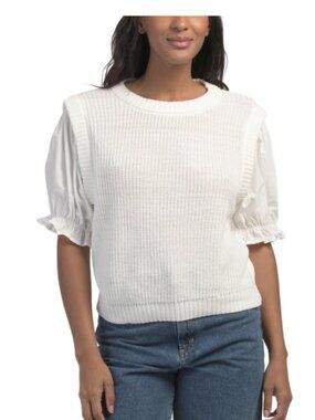 NWT IN FEBRUARY Cotton Blend Woven Puff Short Sleeve Mixed Media Sweater